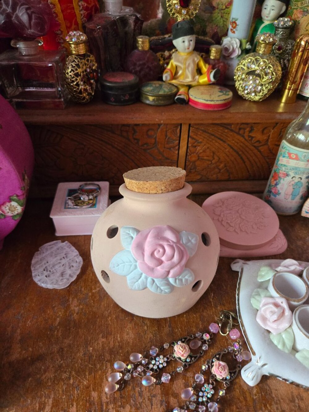 Vintage Rose Terracotta Style Pomander Jar Cottagecore Decor Boho Romantic Style